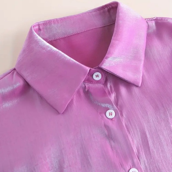 NWT Unbranded pinkish purple metallic button down blouse. Sz. Extra Large. - Picture 5 of 9